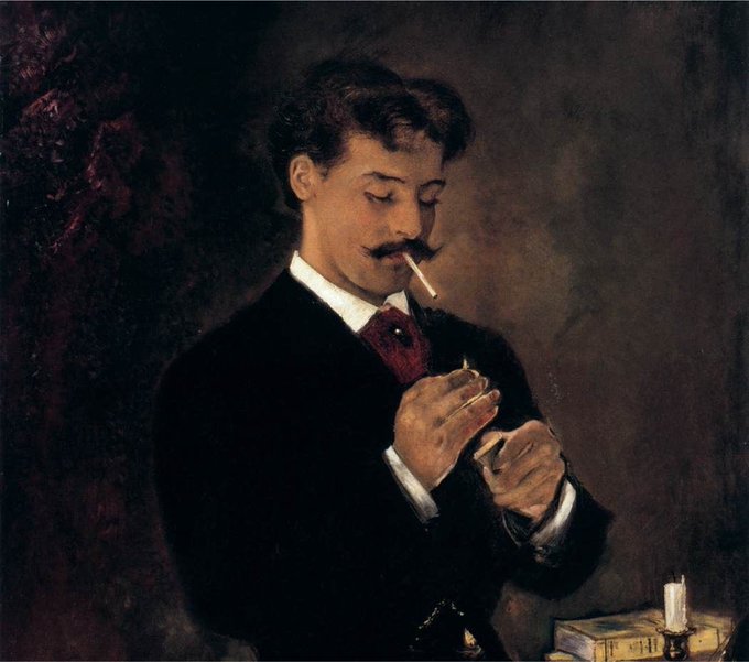 A classical oil painting portrait of a man with a mustache, dressed in a dark suit with a white shirt and red tie, lighting a cigarette with a match while holding a small box.