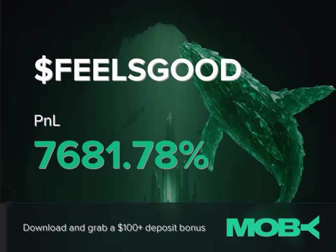 A promotional graphic from Moby featuring an underwater whale scene highlights "$FEELSGOOD" with a staggering PnL of "+7681.78%" and advertises a "$100+ deposit bonus" for downloading the app, visually celebrating the trader's massive 7,681.78% profit as noted in the win alert.