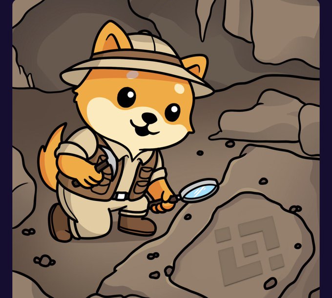 An illustration of an orange cartoon dog dressed as an archaeologist in a pith helmet and utility vest, holding a magnifying glass over carved stones in a cave.