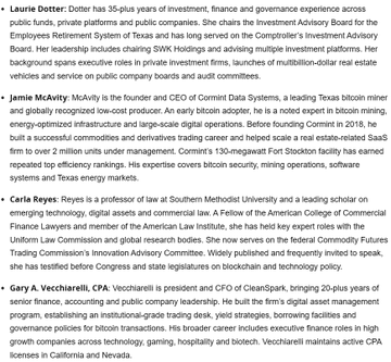 The image shows a list of names and descriptions of people who have contributed to the development or establishment of Bitcoin reserves in Texas, including Comptroller Hancock and a law professor. The text also mentions that the state is looking for a firm to help acquire such reserves.