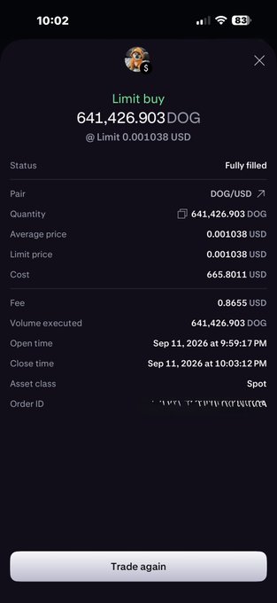 A mobile phone screenshot showing a completed cryptocurrency trade for 641,426.903 DOG at a limit price of 0.001038 USD, with execution times dated September 11, 2026.