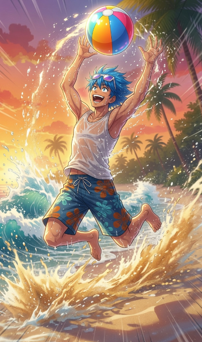 A vibrant anime-style illustration shows a blue-haired young man with sunglasses leaping joyfully in the ocean waves to catch a colorful beach ball against a sunset backdrop, embodying the playful, user-friendly approach the post describes.

No visible text, numbers, tickers, or names appear in the image.