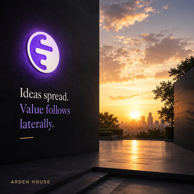 A promotional image featuring the purple 'E' logo of eToro with the text 'Ideas spread. Value follows laterally.' and 'ARDEN HOUSE' against a sunset cityscape background.