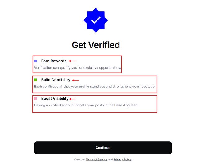 The image shows a "Get Verified" screen from the Base app, listing three benefits—Earn Rewards, Build Credibility, and Boost Visibility—highlighted in red with arrows. It relates to the post by illustrating the Base verification step the author is completing in anticipation of a possible $BASE airdrop.