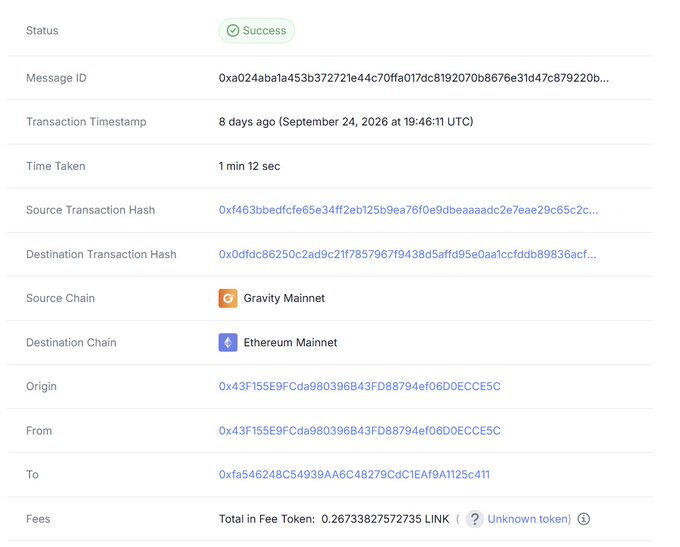 A blockchain transaction success screen showing a transfer from Gravity Mainnet to Ethereum Mainnet, with details like Message ID, transaction hashes, and fees totaling 0.267 LINK.