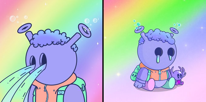 Two side-by-side cartoon panels of a blue crying character with halo-like rings on its antennae, vomiting green liquid on the left and sitting tearfully clutching a small purple plush on the right, both against rainbow backgrounds.