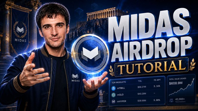 A promotional thumbnail for a “MIDAS AIRDROP TUTORIAL” features a man presenting a glowing Midas token alongside finance-style charts and Greek temple imagery. It highlights a crypto airdrop, with tickers mTBILL, mGLO, and mHYPER, figures such as $68.21M, $40.28M, $38.99M, and 42,000+ total members, promoting a new tutorial video about Robinhood Chain airdrops.