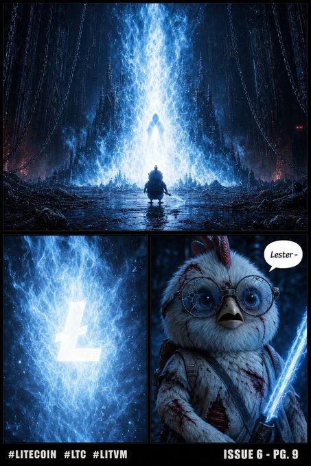 The image features a comic strip with three panels, each depicting a different scene related to the character "Litcoin". In the first panel, Litcoin is seen walking through a dark forest. The second panel shows Litcoin riding on a horse in front of a castle. The third panel depicts Litcoin standing next to a bird that has a speech bubble saying "Litcoin, you're not alone!".