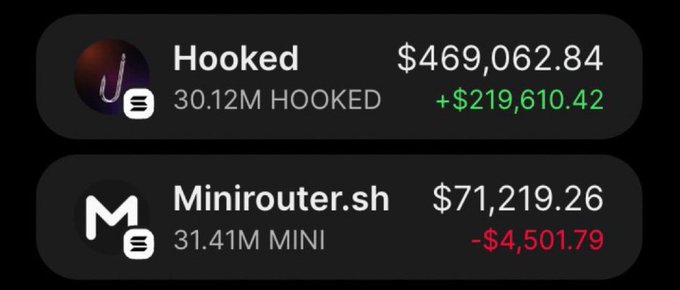 The image displays a trading portfolio showing $HOOKED at $469,062.84 (up $219,610.42) with 30.12M tokens, and $MINIROUTER.sh at $71,219.26 (down $4,501.79) with 31.41M tokens, illustrating the profitable gains on $HOOKED mentioned in the post's callout of meme coin trades.