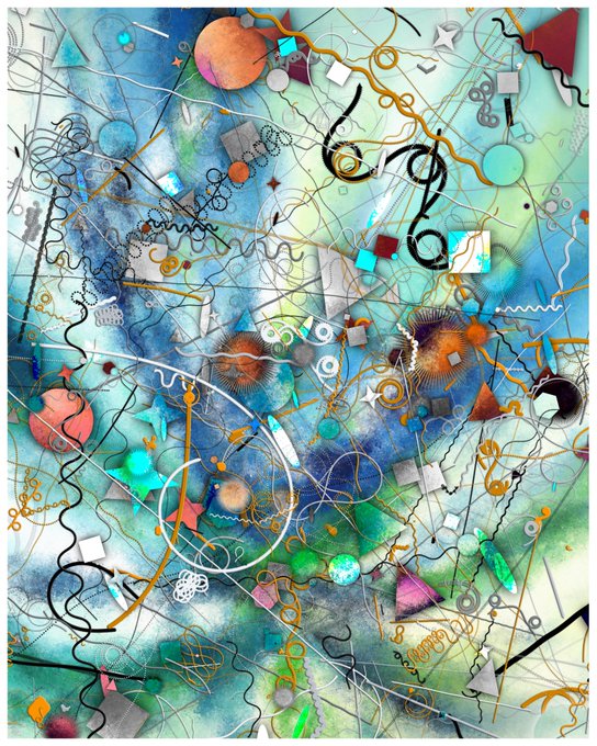 An abstract mixed-media artwork featuring swirling lines, geometric shapes, and textured patterns in shades of blue, green, orange, and pink with gold accents.