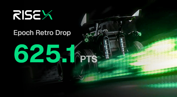 A dark promotional graphic for 'RISEX Epoch Retro Drop' featuring 625.1 PTS in bright green text alongside a vehicle producing green light trails.