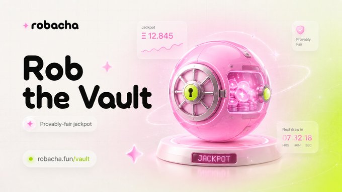 A digital advertisement for 'robacha' featuring a 3D pink vault graphic and the text 'Rob the Vault', 'Provably-fair jackpot', a jackpot amount of '₳ 12,845', and the URL 'robacha.fun/vault'.