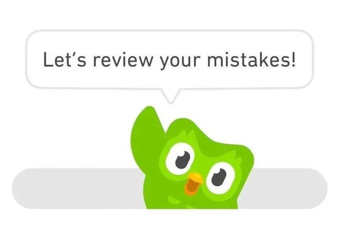 The image shows Duo, the green owl mascot from Duolingo, peeking up with a speech bubble that reads "Let's review your mistakes!" This perfectly captures the relatable 3am experience of the Duolingo app aggressively reminding you of every language error you've ever made, like an overzealous guilt-tripping owl haunting your late-night thoughts.
