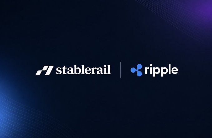 The image displays a dark blue gradient background featuring the white "stablerail" logo alongside the blue Ripple logo, visually representing the partnership announced in the post. This branding visual reinforces the collaboration between StableRail and Ripple to launch cross-border payment infrastructure combining fiat, stablecoins, treasury, and FX services.