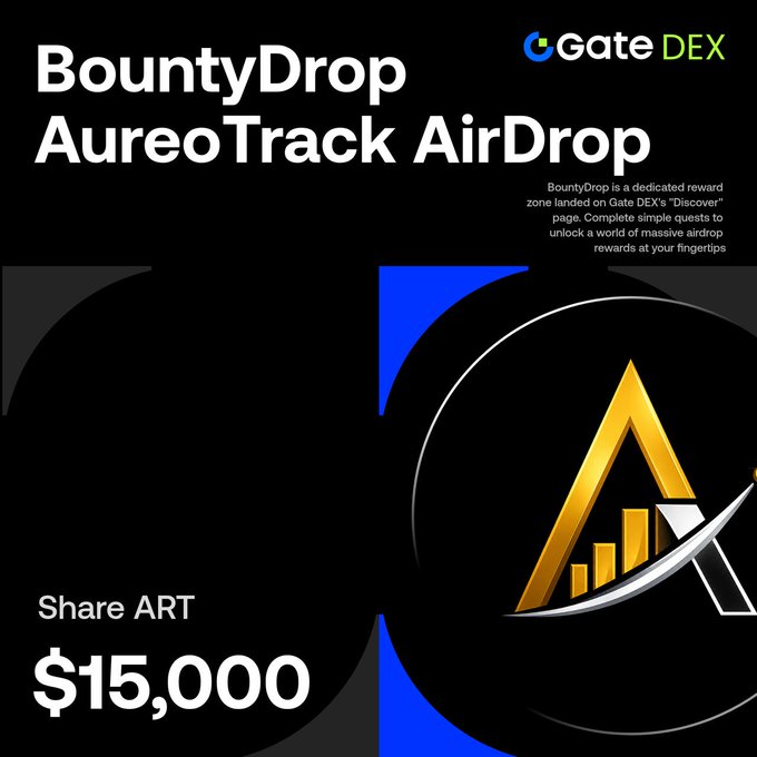Promotional graphic for Gate DEX's BountyDrop AureoTrack AirDrop, featuring the Gate DEX logo and a gold AureoTrack emblem on a black background, advertising a $15,000 ART token reward pool running from June 30 to July 29 with simple quest-based tasks to participate.