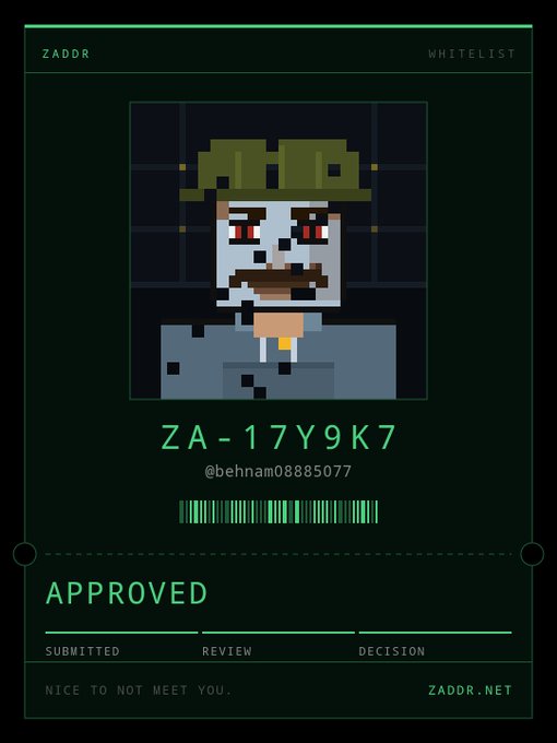 A pixel art character wearing a green hat is displayed on a 'ZADDR WHITELIST' certificate showing 'APPROVED' status with the username 'ZA-17Y9K7' and handle '@behnam08885077'.