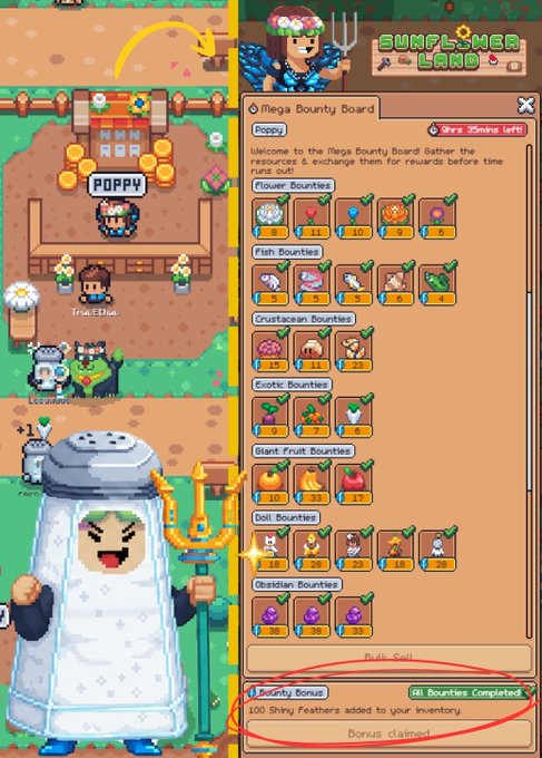 A screenshot from the pixel art game Sunflower Land showing the Mega Bounty Board with various bounty categories (Flower, Fish, Crustacean, Exotic, Giant Fruit, Doll, Obsidian), all marked as completed. A red circle highlights the Bounty Bonus section showing '100 Shiny Feathers added to your inventory' and 'Bonus claimed.'