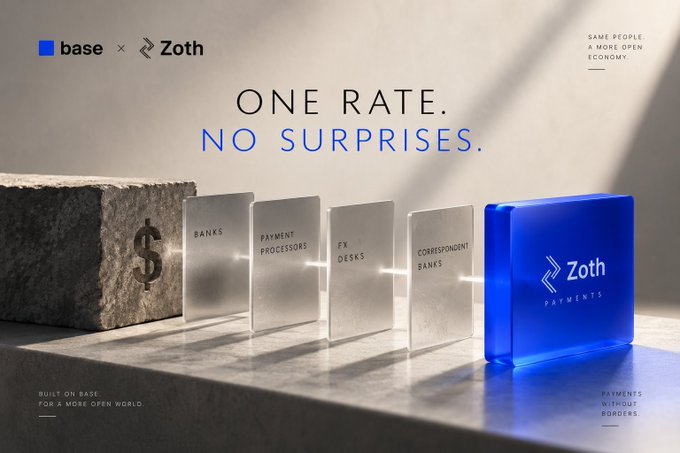 A promotional graphic for Base and Zoth featuring the tagline 'ONE RATE. NO SURPRISES.' with translucent panels labeled 'BANKS', 'PAYMENT PROCESSORS', 'FX DESKS', and 'CORRESPONDENT BANKS' leading to a blue Zoth Payments block, alongside text 'BUILT ON BASE FOR A MORE OPEN WORLD' and 'PAYMENTS WITHOUT BORDERS'.