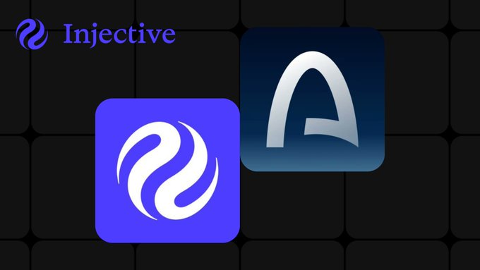 A promotional graphic displaying the 'Injective' logo alongside two app icons—one blue with a white swirl and one dark with a silver 'A' shape—set against a dark grid background.