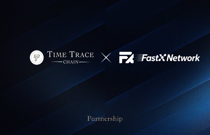 The image features a partnership announcement with the logos of "Time Trace Chain" and "FastXNetwork" displayed side by side against a dark, angled background, with the word "Partnership" centered below—visually reinforcing the post's message about TT Chain's asset-focused infrastructure joining forces with FastXNetwork's decentralized AI ecosystem.