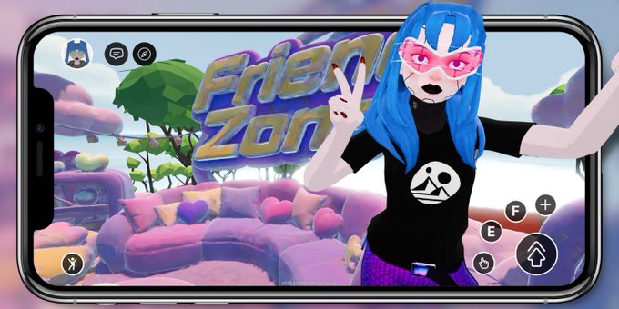 A smartphone screen displays a 3D animated character with blue hair and sunglasses in a virtual 'Friend Zone' environment.