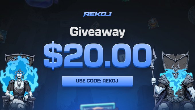 A promotional graphic for a $20 giveaway by Rekoj, featuring two fantasy-themed characters flanking the bold "$20.00" text and the entry code "REKOJ" on a dark blue background. The image visually reinforces the social media contest announcement, which requires users to retweet, like, and follow @rekojeu within 24 hours to enter.