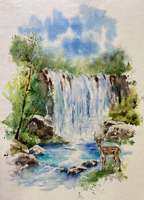 A delicate watercolor painting depicts a serene forest scene with a cascading waterfall flowing into a tranquil pool, framed by lush greenery, scattered rocks, and a small stag with antlers standing peacefully at the water's edge. The artwork's natural, tranquil beauty aligns with the heartfelt post celebrating its sale to @OnChainMouse, evoking the same sense of connection and appreciation the artist expresses.