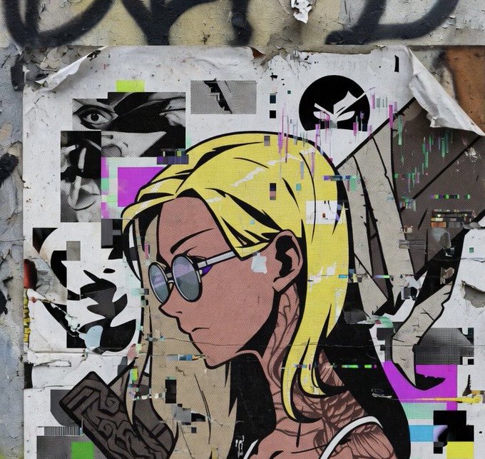 A piece of street art depicts a stylized anime-style character with blonde hair and sunglasses, featuring glitch art effects and surrounded by collage elements.