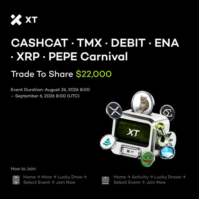 A promotional graphic for XT exchange featuring a 'CASHCAT', 'TMX', 'DEBIT', 'ENA', 'XRP', and 'PEPE Carnival' trading event from August 26 to September 6, 2026, with a $22,000 prize pool.
