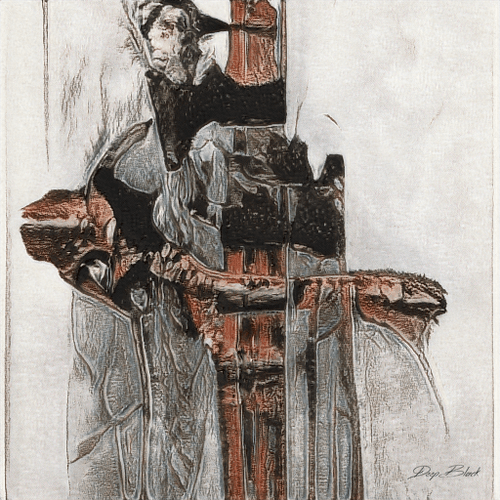 An abstract artwork signed 'Dion Black' features a figure with a beard in fragmented, distorted forms with black, gray, and rust-orange tones.