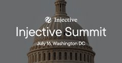 A promotional banner for 'Injective Summit' on July 16, Washington DC, featuring an image of the US Capitol building.