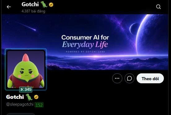 A profile page for 'Gotchi' (@sleepagotchi) on a social platform features a green dinosaur character and a banner reading 'Consumer AI for Everyday Life - Powered by Gotchi Labs'.