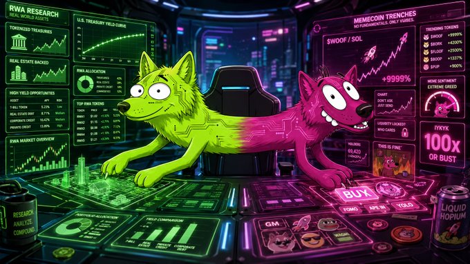 A vibrant cyberpunk-style illustration of a split green-and-pink dog at a high-tech trading console, juxtaposing 'RWA RESEARCH' panels with 'MEMECOIN TRENCHES' featuring tokens like $WOOF and IYYYK.