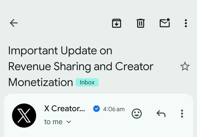 An email screenshot shows a message from "X Creator..." received at 4:06 am with the subject line "Important Update on Revenue Sharing and Creator Monetization" tagged as Inbox. The image illustrates X's announcement of transitioning from Revenue Sharing to the new Original Content Rewards Program, which will prioritize creators who contribute original ideas, opinions, analysis, and creativity to the platform starting August 7th.
