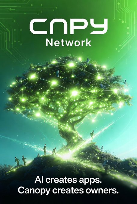 The image features a glowing tree with interconnected nodes and human figures, branded with "CNPY Network" at the top and the tagline "AI creates apps. Canopy creates owners." at the bottom. It visually aligns with the post's promotion of CNPY Network's appchain and AI initiatives, symbolizing community ownership and technological interconnection.