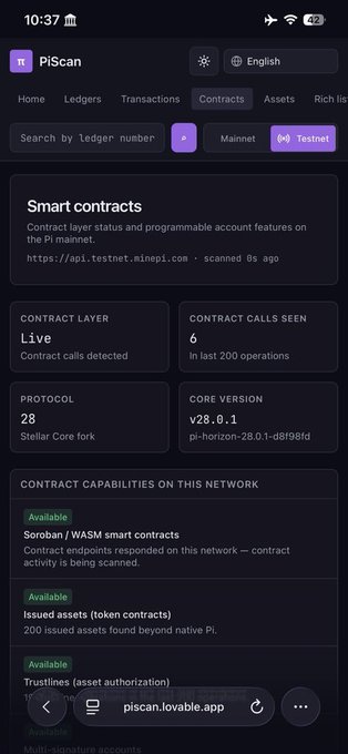 A screenshot of the PiScan mobile app displays smart contract information on the Pi mainnet, showing the contract layer is 'Live', protocol '28', core version 'v28.0.1', and '6' contract calls seen.