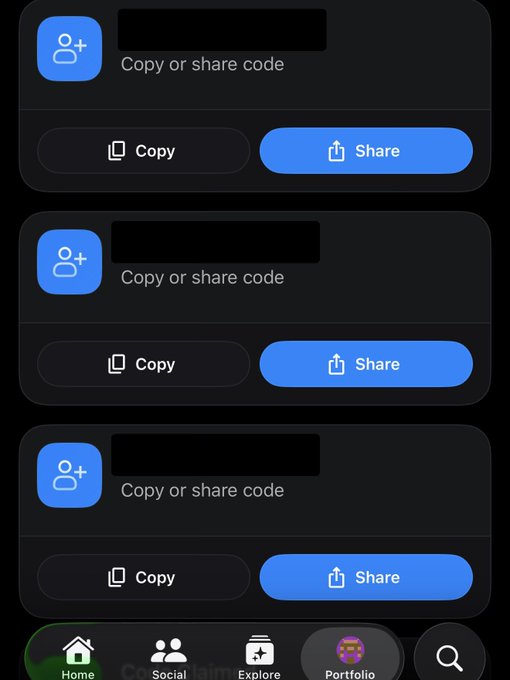 A mobile app screenshot showing three identical share/referral cards with "Copy or share code" text, each featuring Copy and Share buttons, with a bottom navigation bar showing Home, Social, Explore, Portfolio, and search tabs.