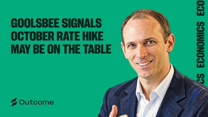 A promotional graphic with a green background features a smiling man in a suit alongside text reading 'GOOLSBEE SIGNALS OCTOBER RATE HIKE MAY BE ON THE TABLE' and the 'Outcome Economics' logo.
