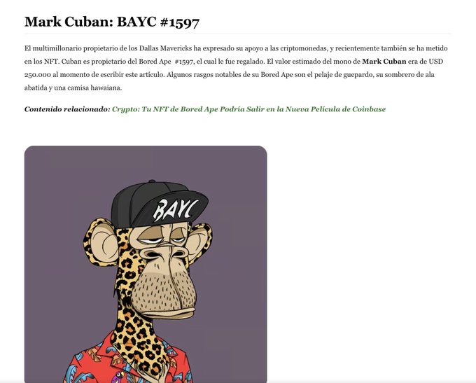 The image features a cartoon monkey wearing a hat with the word "Bored" written on it, sitting next to a purple background. The caption of the image reads, "Hey Mark Cuban, I saw you sold most of your Bitcoin, could you sell me your Bored Ape? It'S my dream ape. @mcuban". This post is related to the main image as it features an illustration of a monkey wearing a hat with the word "Bored" on it and selling Bitcoin in the background.