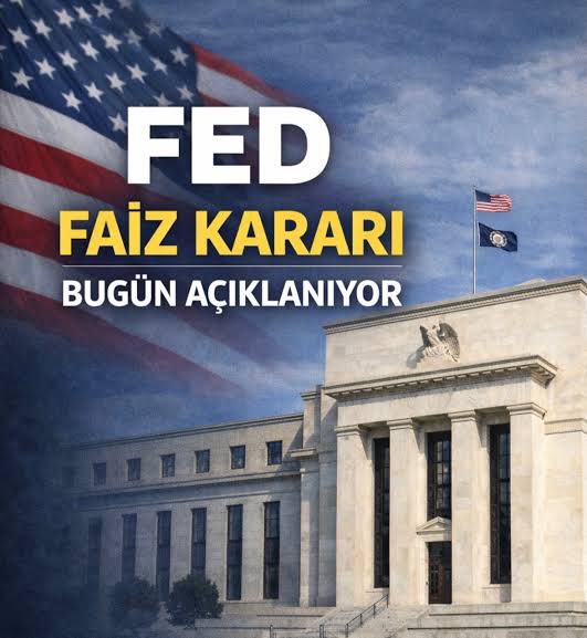 The image shows the Federal Reserve (FED) building with an American flag, featuring the Turkish text "FED FAİZ KARARI BUGÜN AÇIKLANIYOR" (Fed Interest Rate Decision Announced Today), visually reinforcing the post's message about the highly anticipated Fed interest rate decision at 21:00 that could impact markets, the dollar, bond yields, BIST, Bitcoin, and gold.