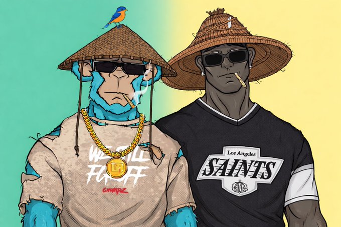 An illustration of two cool-looking monkey characters wearing conical hats and sunglasses; the left one wears a 'Los Angeles SAINTS' shirt, while the right one wears a t-shirt with 'WORLD FLUFF Gangpz' and a gold chain.