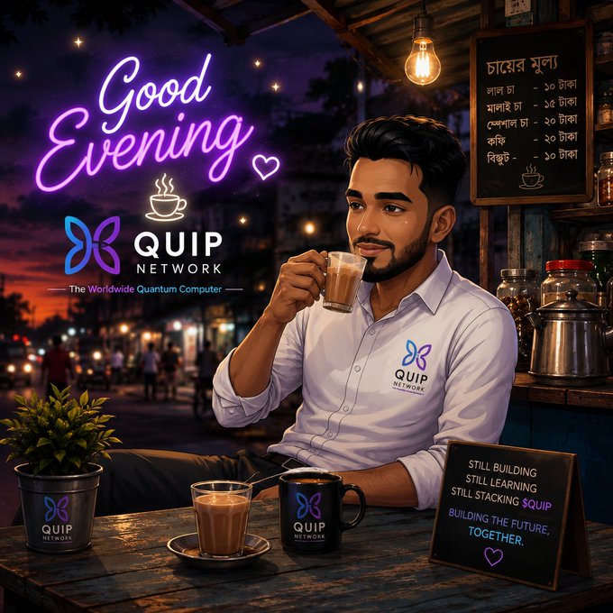 Stylized illustration of a bearded man drinking from a glass at an evening tea stall, branded with 'QUIP NETWORK - The Worldwide Quantum Computer' and a 'Good Evening' neon sign in Bengali.