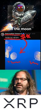 The image is a meme-style collage promoting $XRP, featuring an astronaut on a rocket labeled "XRP" with the text "to the moon," followed by a chart titled "Ripple Investors' Tokenomics & Valuation" showing $XRP supply data, and a photo of a long-haired bearded man wearing an XRP-branded cap. The bottom displays the bold "XRP" ticker. The meme visually reinforces the post's argument by contrasting a fixed-supply narrative (rocket to the moon) against tokenomics data, promoting XRP as resistant to inflationary dilution by governments or central authorities.