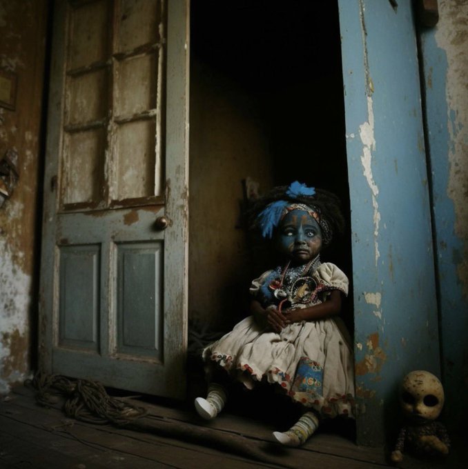 A haunting photograph shows a vintage doll with blue hair ribbons sitting in the doorway of an abandoned, weathered building, accompanied by a small clay figure beside it.