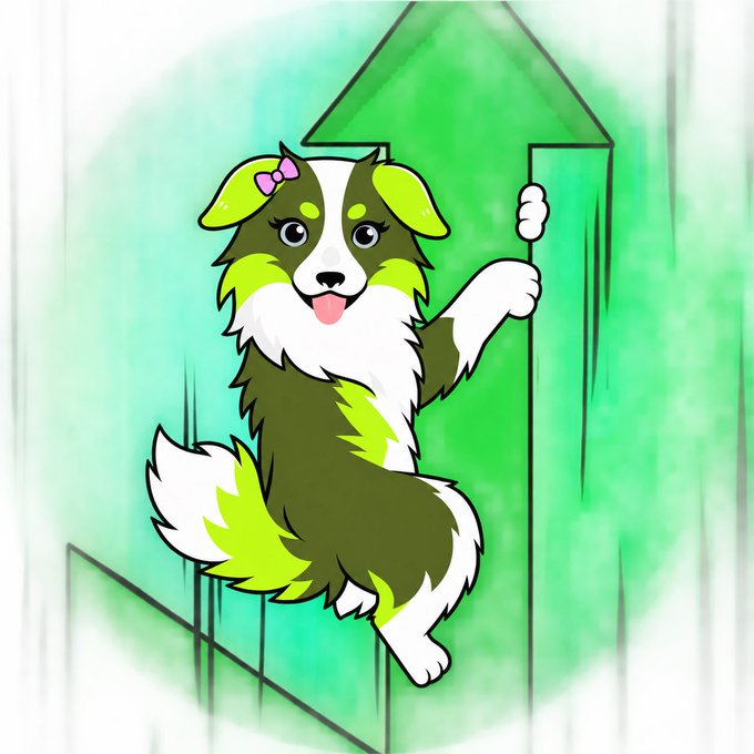 A cartoon illustration of a green and white fluffy dog with a pink bow, climbing upward next to a large green arrow.