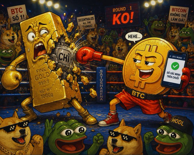 A cartoon boxing match illustration where a gold Bitcoin (BTC) coin wearing red shorts punches a gold bar labeled 'FINE GOLD 999.9 NET WT 1000g' to 'CHI', with Pepe the Frog and Doge spectators, and signs reading 'BTC SỐ 1!', 'DECENTRALIZE ALL THE THINGS!', and 'BITCOIN KHÔNG THỂ LÀM GIẢ!'.