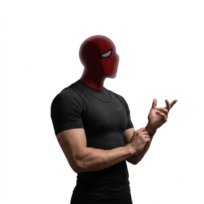 A person wearing a red Spider-Man mask and a black athletic t-shirt, striking a pose against a white background.