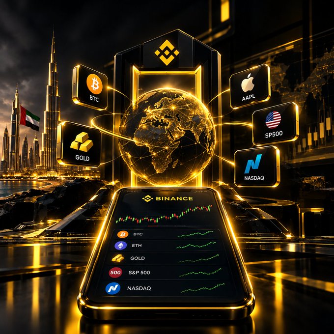 A digital artwork displaying various financial assets (BTC, GOLD, AAPL, SP500, NASDAQ) around a glowing golden globe and Binance logo, with a smartphone showing market charts and the Burj Khalifa in the background.