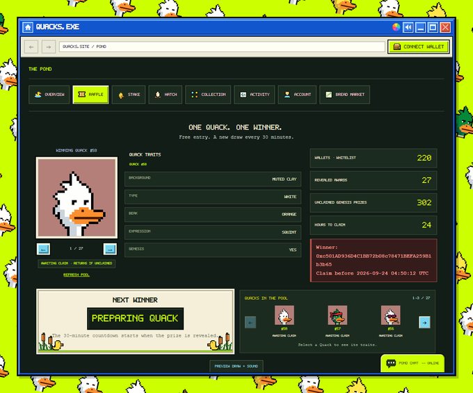 Screenshot of the Quirks.Exe NFT platform showing a raffle pool interface with a pixel-art duck character, displaying traits like background, type (White), and expression (Smuggy), along with statistics including 220 wallets and 27 rewarded mints.