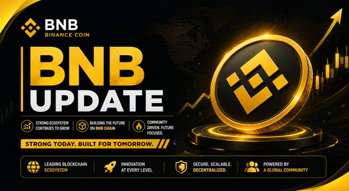 A gold and black promotional graphic featuring a large BNB (Binance Coin) coin with the tagline "BNB Update" and "Strong Today. Built for Tomorrow." Highlights include a strong ecosystem, building the future on BNB Chain, community-driven focus, and a leading, innovative, secure, and scalable blockchain powered by a global community—visually reinforcing the post's message about BNB's resilience and ongoing ecosystem development.
